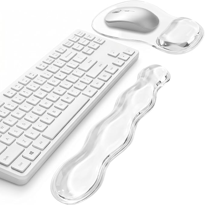Keyboard Wrist Rest & Ergonomic Mouse Pad with Wrist Rest Set, Cute Transparent Gel Wrist Rest for Keyboard and Mouse, Soft Support for Pain Relief, Office, Gaming Desk Accessories（White）