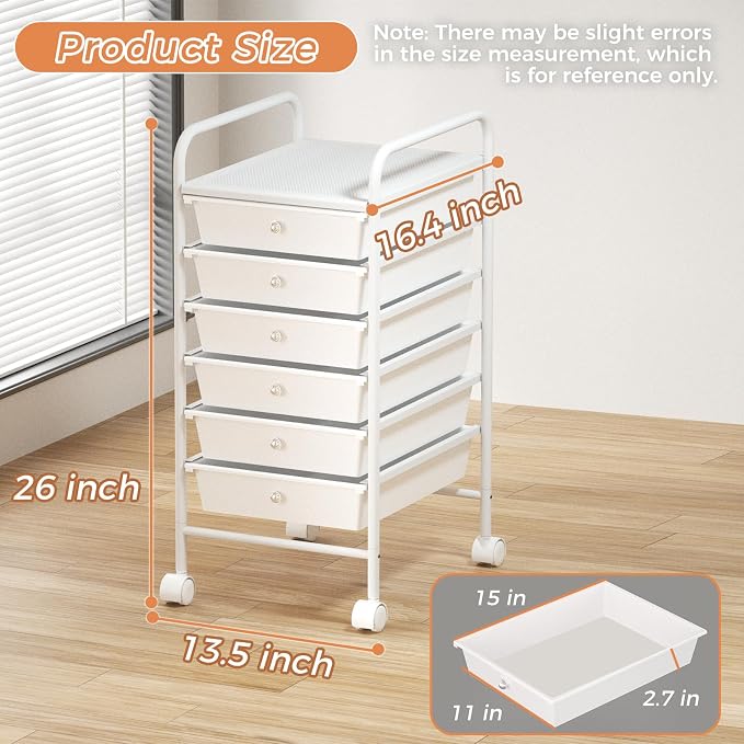 6 Tier Utility Rolling Cart with 6 Drawers Multipurpose Rolling Storage Cart with Wheels and Handles for Office Classroom Kitchen Bathroom Bedroom Organization White