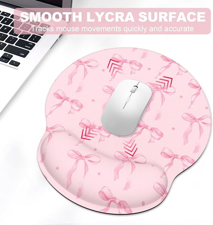 Ergonomic Mouse Pad with Wrist Rest and Keyboard Wrist Rest, Mousepad | Memory Foam Wrist Rest for Computer Keyboard, Pain Relief, Non-Slip Rubber Base, Mouse Pad Wrist Support for Gaming, Pink Bow