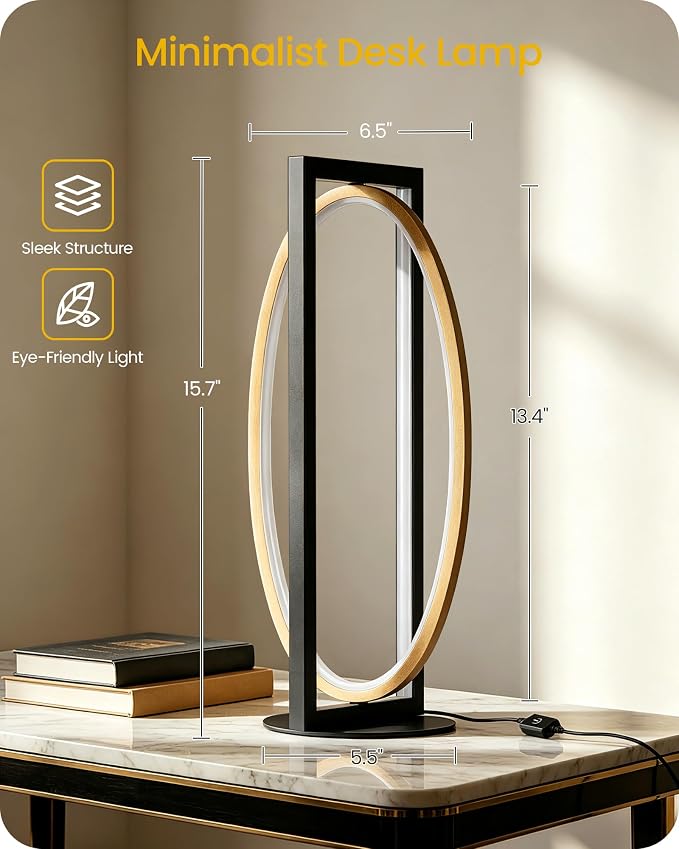 Modern LED Table Lamp, Dimmable Minimalist Bedside Lamp, 3 Color Temperatures, Angle Adjustable, Cute Desk Lamp, Nightstand Lamp for Living Room, Bedroom, Office, Black and Gold D62TL05