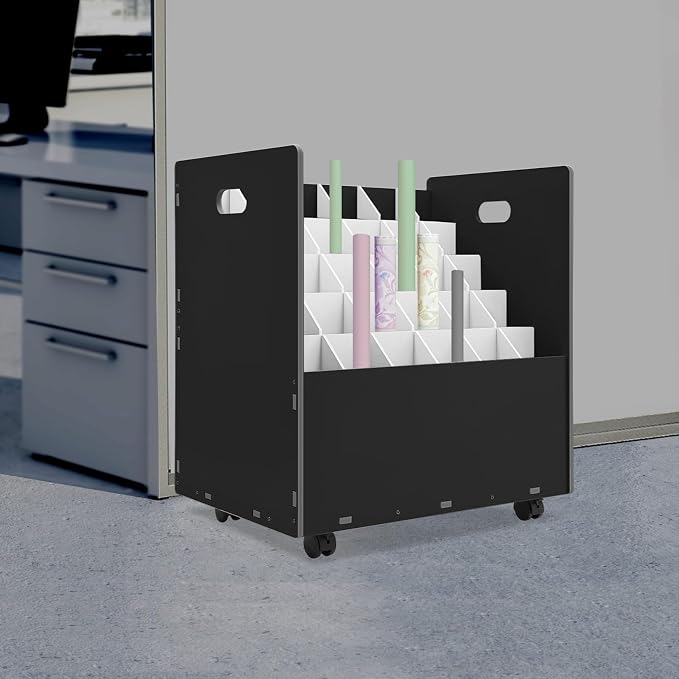 Blue Print Storage Organizer with Wheels, 30 Slots Roll Files Cart, Black | Mobile Blueprint Storage Rack Cart, Construction Plan Holder, Map Poster Storage Cabinet for Office Home School