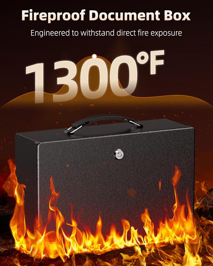 Uniclife Fireproof Document Box with Key Lock & Handle, 12.7" x 8.5" x 4.1" | Water-Resistant, Medium Metal Lock Box, Safe Box for Valuables, Passports & Cash (NOT Fit A4 Paper)