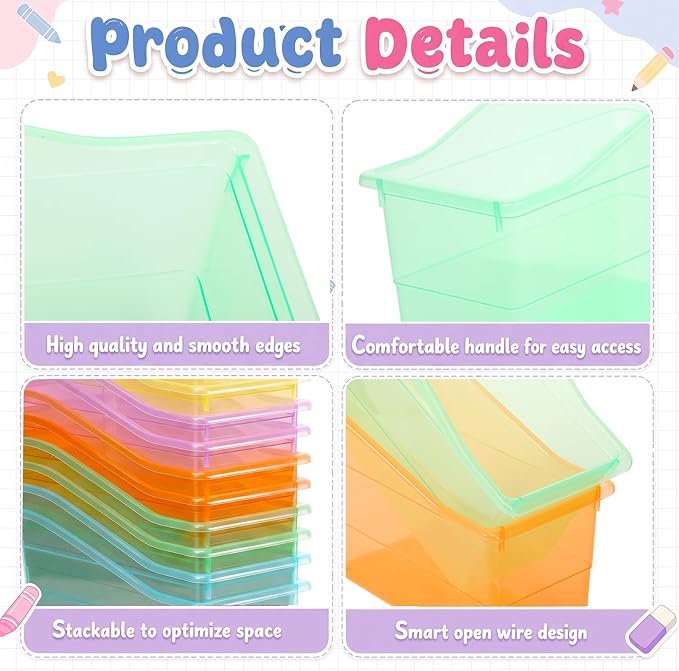 Blosssound 12 Set Book Bins for Classroom Stackable,Translucent Pastel | Plastic Baskets with Labels, Slanted Front, Library Supplies Organizers, Desktop Storage Bins, Teachers Home School Use