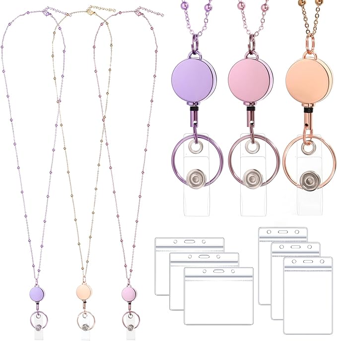 Rose Gold, Pink, Purple 3 Pack Retractable Badge Holders with 6 Pcs Id Badge Holder - Stainless Steel Teacher Lanyards for Women & Cruise Ship
