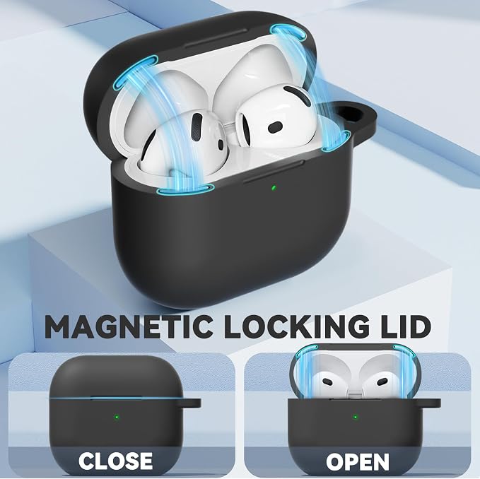 Ljusmicker for AirPods 4 Case 2024 with Cleaner Kit,Soft Silicone Protective Cover for Apple AirPods 4th Generation Cases for Women Men,for AirPod 4 Case Accessories with Keychain-Magnetic Black