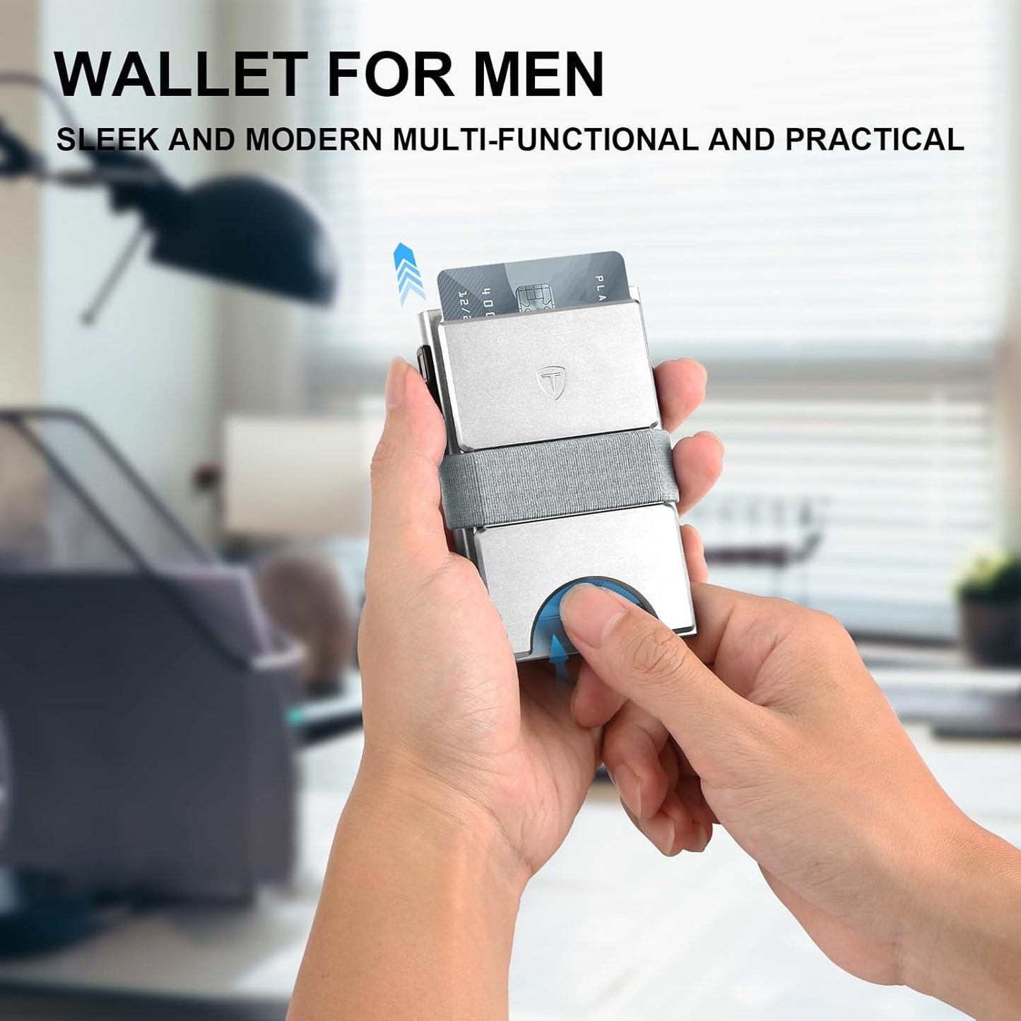 Slim Card Holder for Men&Women Compact Metal Front Pocket Wallets Pop Up Quick Access Credit Cards Holder with RFID Blocking Expandable Backplate&Money Band,Holds 12+ Cards,Silver