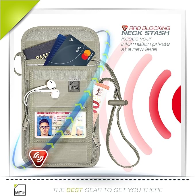 Lewis N. Clark RFID Blocking Stash Neck Wallet, Travel Pouch + Passport Holder for Women & Men, Taupe