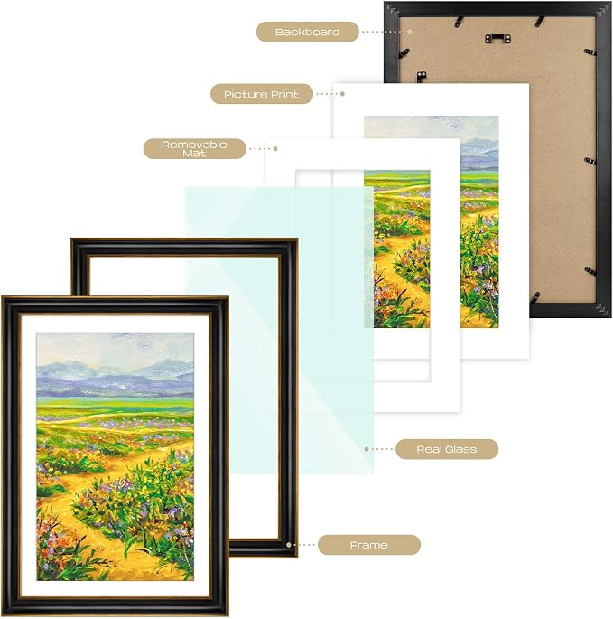 Golden State Art, 13x19 Photo Frame With Mat for Pictures 11x17 and Real Glass (Black With Antique Gold Trim - White Color Mat, 1.25 Inch Frame Border)