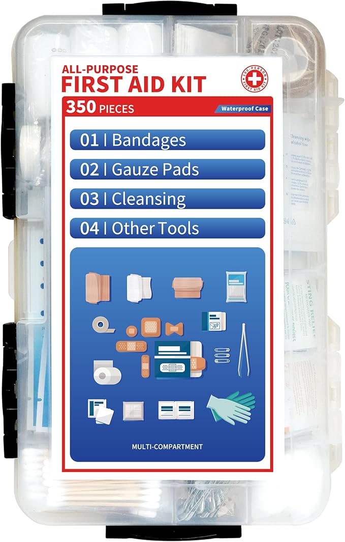350-Piece All-Purpose 100-Person Emergency First Aid Kit – Waterproof Plastic Case | Clearly Organized for Fast Retrieval | Perfect for Home, Business, Workplace, Boat, Travel, Outdoor & Car