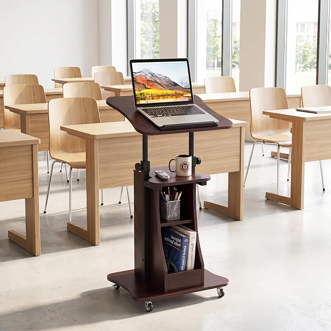 Tangkula Mobile Lectern Podium, Height Adjustable Podium Stand, Sit-to-Stand Desk with Tilting Tabletop & Storage Shelves, Rolling Laptop Cart Desk with Lockable Casters for Home Office School (Brown)