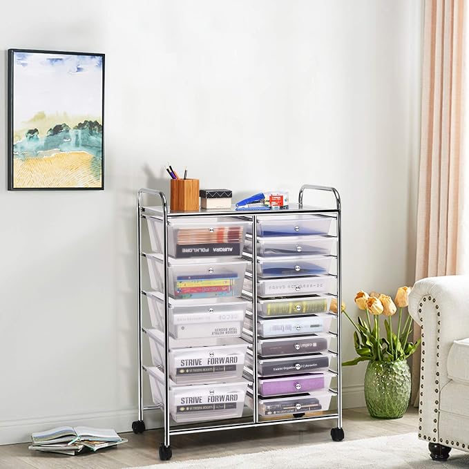 GLACER 15 Drawers Rolling Storage Cart, Steel Frame Craft Organizer Cart | Utility Cart w/Lockable Wheels & Sleek Handle, Mobile Art & Tool Supply Trolley for Teacher, Home, School, Office (Clear)