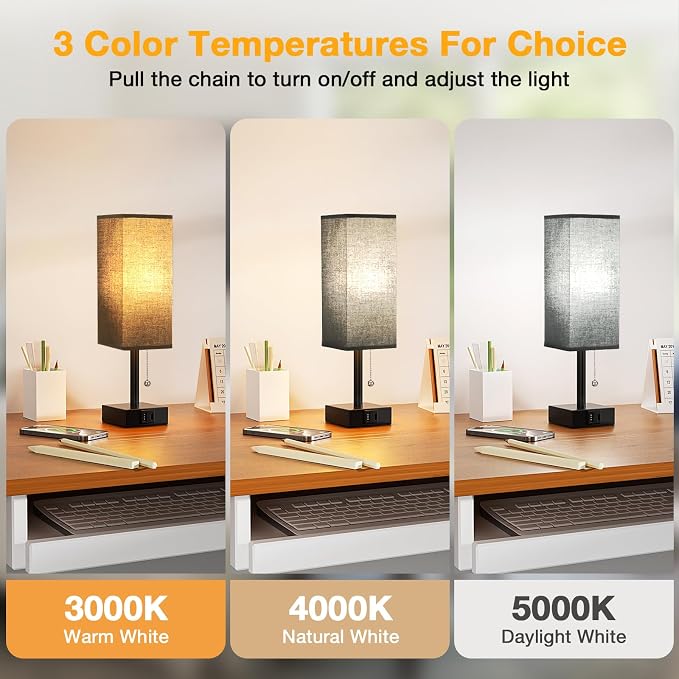 Black Small Table Lamp for Bedroom - 3 Color Temperature 3000K 5000K 4000K Bedside Lamp, Pull Chain Control, USB A and C Charging Ports, Black Base, for Kids Office Dorm Nightstand, Bulb Included | Pull Chain Lamp, 3 Color Modes(3000K/4000K/5000K), E26...
