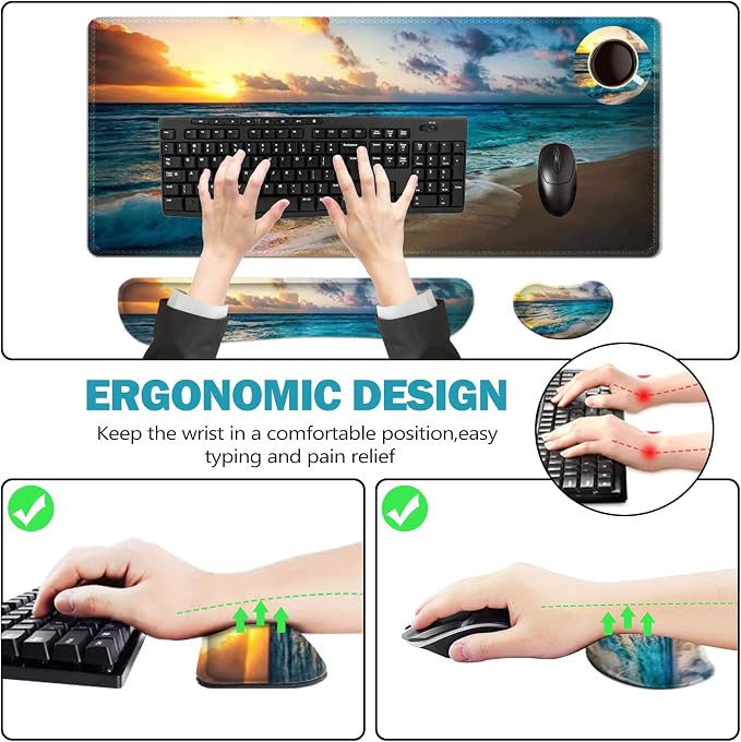 ToLuLu Mouse Pad, Memory Foam Ergonomic Keyboard Mouse Wrist Rest Support | Large Extended Gaming Desk Mat with Stitched Edges, Non-Slip Base Mousepad Set for Home Office Game and Study, Beach Sunset