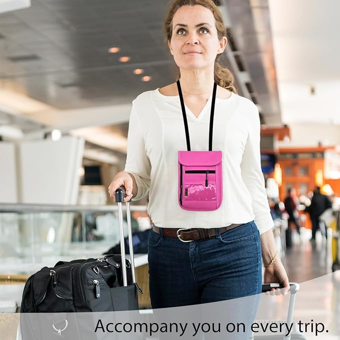 RFID Blocking Travel Neck Wallet Pouch and Passport Holder, Travel Neck Pouch Passport Holder for Women & Men - Rose