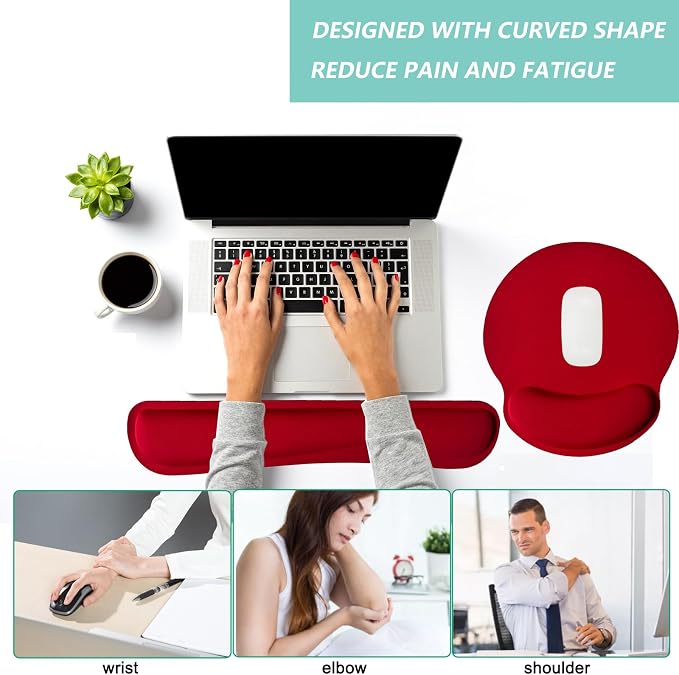 Keyboard Wrist Rest Pad Mouse Pad with Wrist Support Set of 3, Mousepad with Non-Slip Rubber Base, Ergonomic Memory Foam Mouse Wrist Cushion Support for Home Office Laptop Computer Gaming, Red