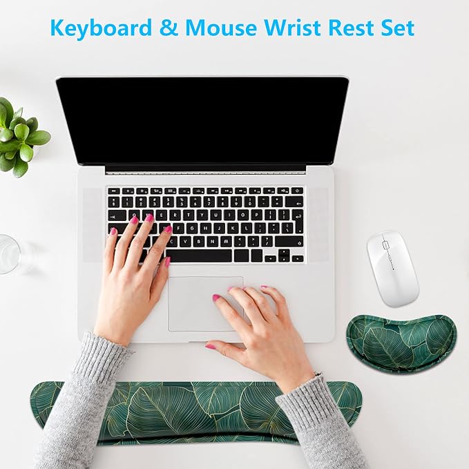 Dapesuom Enlarge Keyboard Wrist Rest, Memory Foam Wrist Cushion for Desk Mats Support, Cute Pain Relief Keyboard Mouse Pad Rests Set with Non-Slip Base for Gaming Laptop Office Computer, Green Leaf