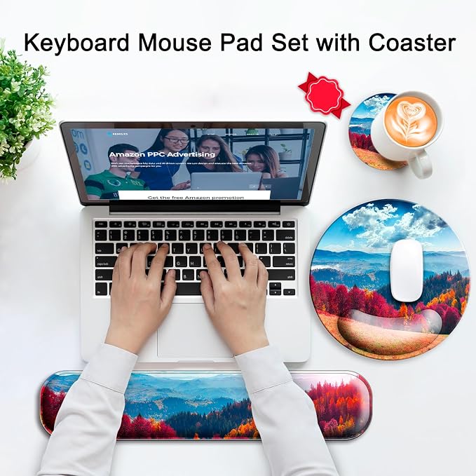 Mouse Pad and Keyboard Wrist Rest Support,Ergonomic Mouse Pad Set | Mousepad With Coaster and Non-Slip PU Base,Pain Relief for Desk Desktop Gaming, Computer,Office -Beach