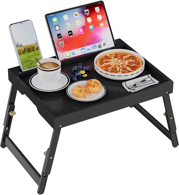 Artmeer Adjustable Bamboo Bed Tray Table with Device Slot, Large, Black | Adjustable FSC-certified bamboo bed tray with device slot, folding legs and handles for meals, laptops and reading in bed.