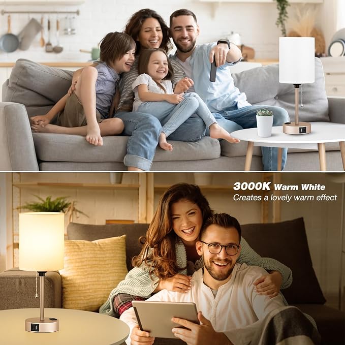 Small Bedside Table Lamp for Bedroom, Desk Lamp with USB Ports for Dorm | USB A+C Ports, AC Outlet, 3 Color Temp, LED Bulb Included, White Fabric Shade, Light-Gold Brass Base, 14" Night Stand Lamp