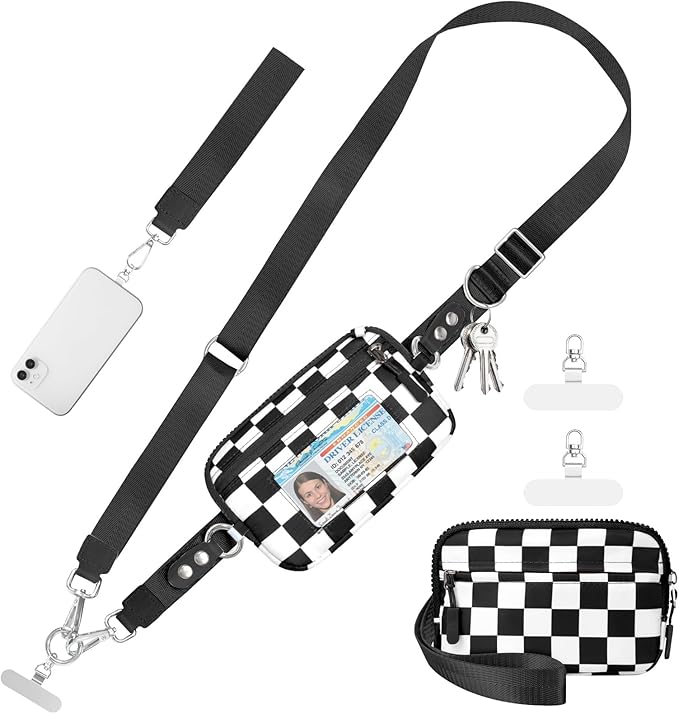 Tiostep Clip and Go Strap for Phone with Wallet Crossbody Phone Lanyard Adjustable and Detachable RFID Wristlet Wallet (Black White Checkered, Large)