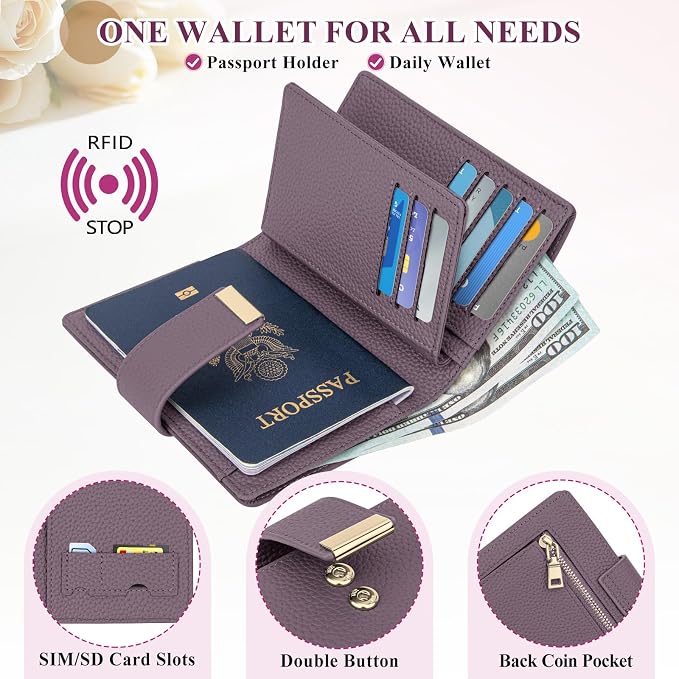 BKNOOU RFID Blocking Passport Holder with Airtag Slot- Leather Travel Passport Wallet for Women, Slim Bifold Travel Passport Holder Holds Cards & Tickets & Cash (Light Purple)