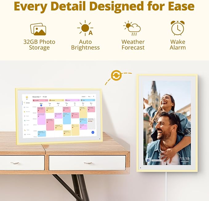 Dragon Touch 15.6 inch Digital Calendar & Chore Chart - Interactive Touchscreen Smart Family Planner,Digital Picture Frame for Mom, Women, Christmas & Weddings Yellow