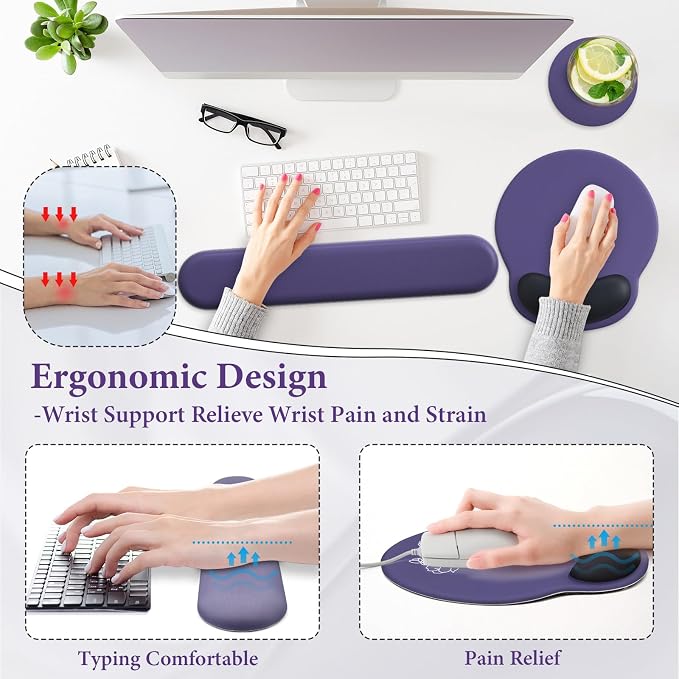 3 in 1 Ergonomic Mouse Pad and Keyboard Wrist Rest with Coaster Set-Purple | Cute Large Mousepad with Gel Wrist Support for Gaming Computer Laptop Women Office Home Desk Decor