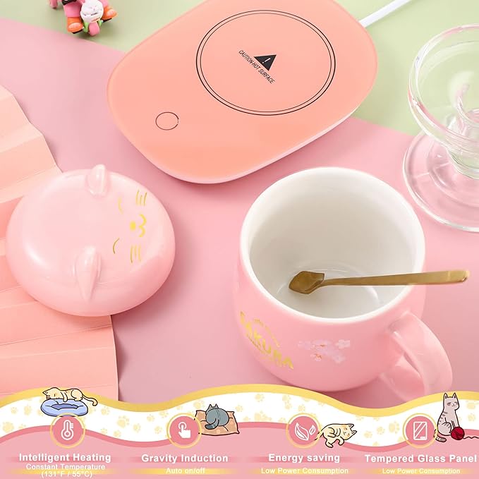 Honeydak Coffee Mug Warmer Cute Cat Mug Set Cup Warmer Christmas Gifts for Women Heated Coffee Warmers for Mom Home Office Desk Valentine's Day Anniversary Birthday Gifts(Sakura,Pink)
