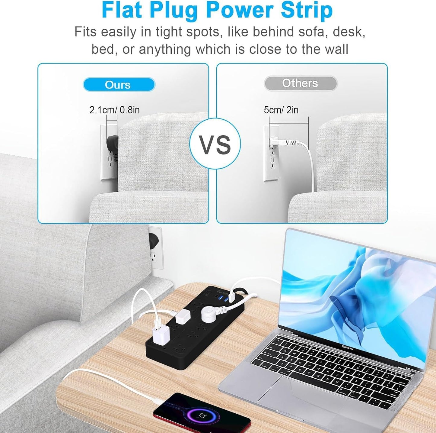 15 FT Power Strips with Surge Protection 1625W/13A,10 Outlets with 4 USB Ports (1 USB C) Long Extension Cord with Multiple Outlets 14-in-1 1700J 16Awg Flat Plug Power Strip Protector Black, ETL Listed