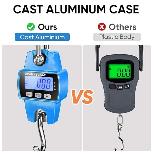 RoMech 660lb Digital Hanging Scale with Cast Aluminum Case, Handheld 300Kg Mini Crane Scale with Hooks for Farm Hunting Fishing Outdoor (Blue)