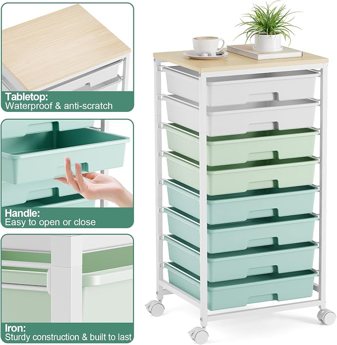 Storage Cart with 8 Drawers, Utility Cart with White Drawers and Wooden Tabletop, Craft Cart, Teacher Organization for Classroom, Storage Furniture, Office Organization, Green | Utility Cart on Wheels with Wooden Tabletop,Teacher Organization for Class...