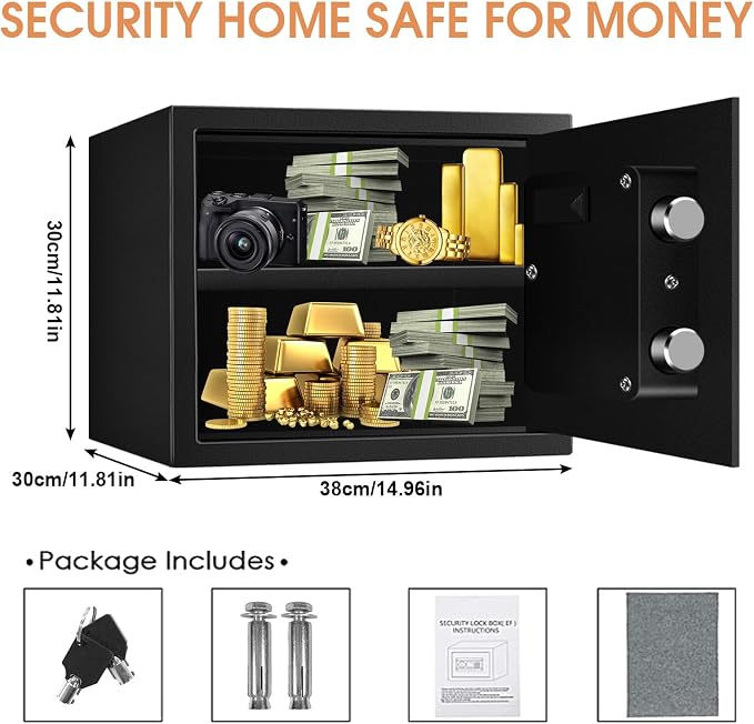 1.6 Cuft Fire proof Safes for HOME USE, Anti-Theft Digital Personal Security Safety Box with Electronic Keypad and Spare Keys, Home Safes Fireproof Waterproof for Money Medicine Document Valuables