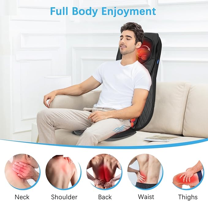 Shiatsu Neck & Back Massager with Heat, Massage Chair Pad Cushion for Stress Relief, Inflatable Flaps Back Support, Kneading or Rolling Chair Seat Massage
