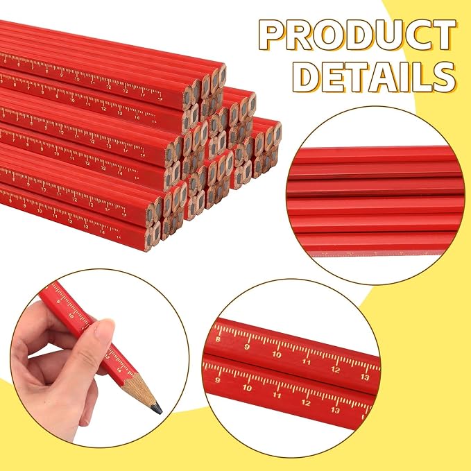 30 Pcs Carpenter Pencils - Octagonal Hard Black Woodworking Pencils, Heavy Duty Construction with 15cm Scale for Wood, Brick, Concrete Marking