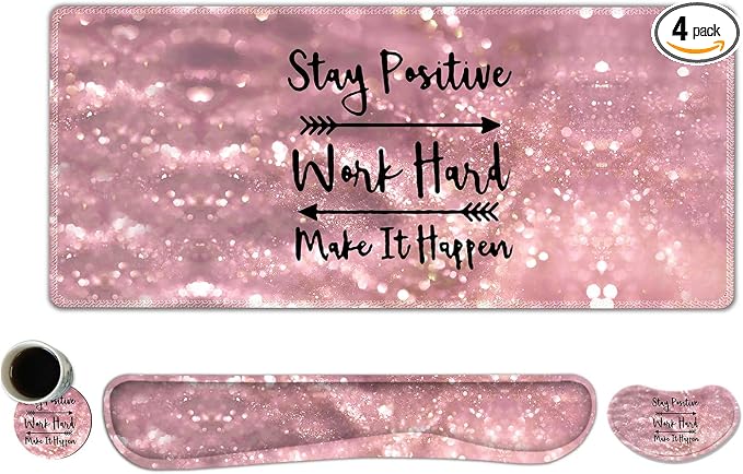 ToLuLu Extended Gaming Mouse Pad, Memory Foam Ergonomic Keyboard Mouse Wrist Rest Support Set, Large Desk Mat with Stitched Edges, Non-Slip Base Mousepad for Home Office Game, Pink Stay Positive