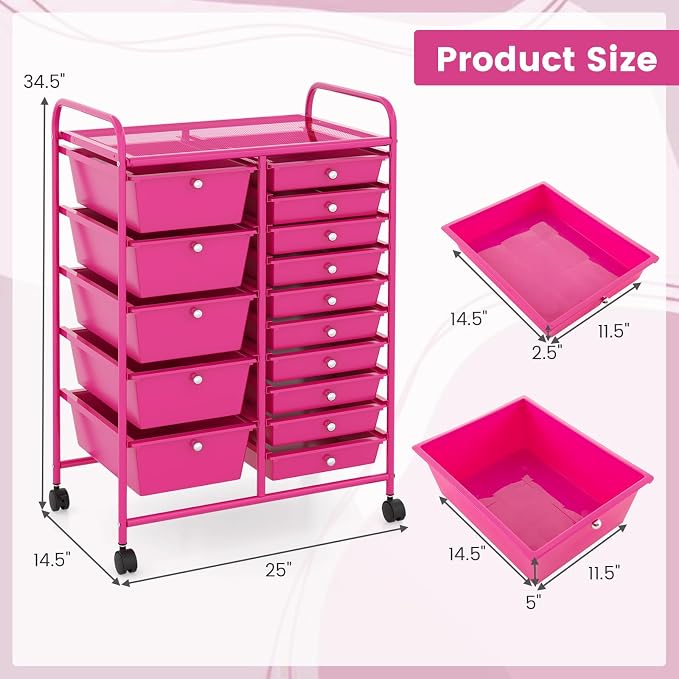 COSTWAY 15 Drawer Rolling Storage Cart, Mobile Storage Organizer | Removable Drawers & Metal Frame, Multipurpose Utility Tools Paper Organizer on Wheels for Home, Office (Hot Pink)