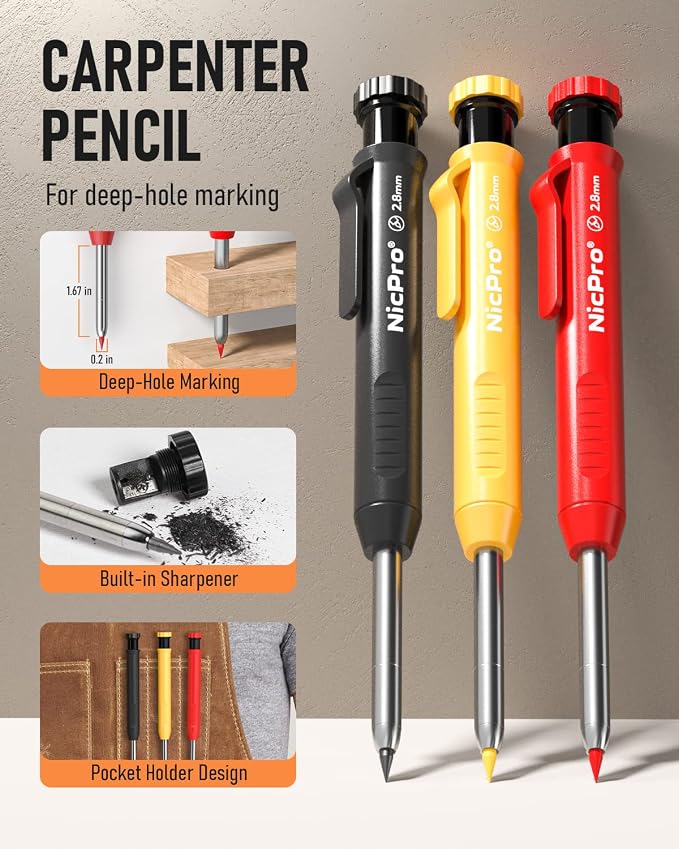 Nicpro 10 Pack Carpenter Pencils Mechanical, Construction Pencils with 21 Refill, Automatic Center Punch and Carbide Scribe Tool, Mechanical Pencil for Woodworking, Best Carpenters Marking Tool | Heavy Duty Construction Pencils, Comfortable Grip Woodwo...