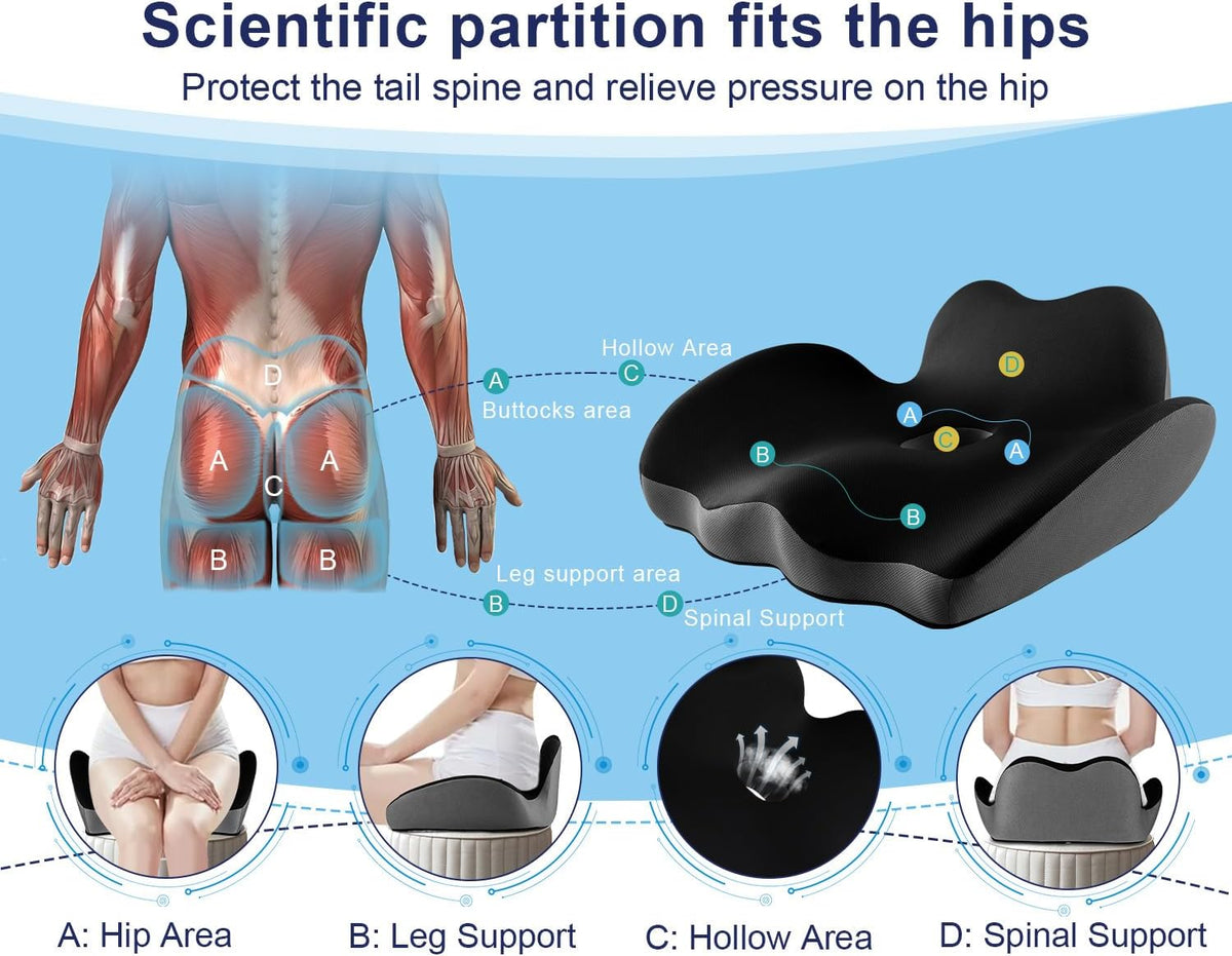 Premium Orthopedic Seat Cushion,X Large Breathable Office Chair Cushion - Enhanced Hip & Tailbone Support,Pressure Relief Sciatica & Leg Relief Let 8+ Hour Sitting Comfort, for Office/Game/Wheelchair