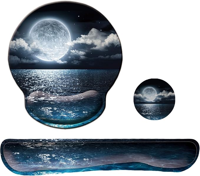 Keyboard Wrist Rest Pad Mouse Pad with Wrist Support Set of 3, Mousepad with Non-Slip Rubber Base, Ergonomic Memory Foam Mouse Wrist Cushion Support for Home Office Laptop Computer, Moonlit Night