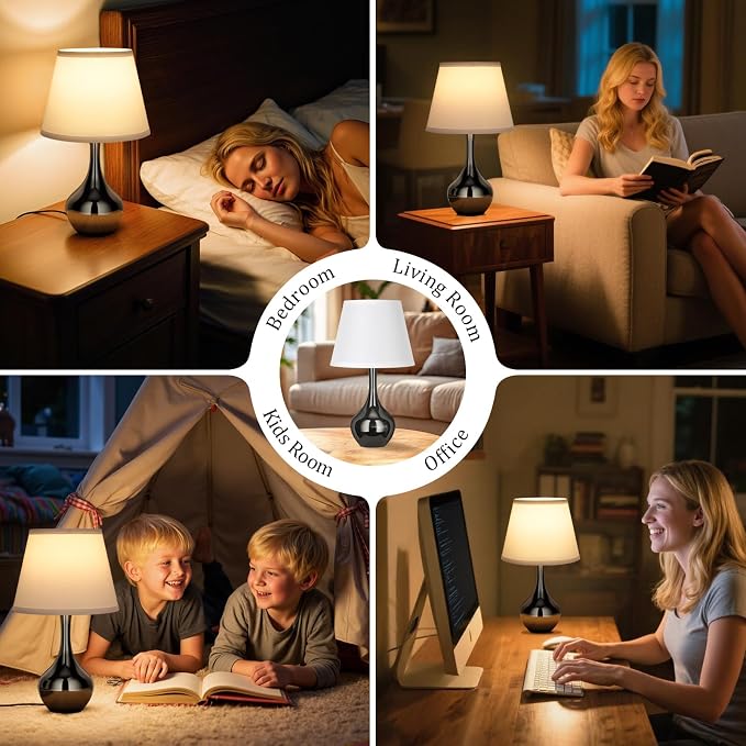 16.1" Touch Table Lamp for Nightstand, 3 Way Dimmable Small Bedroom Lamp | Touch Control, Bulb Included, Pearl-black Bedside Lamps for Desk, Night Stands, Living Room, End Table, Corded