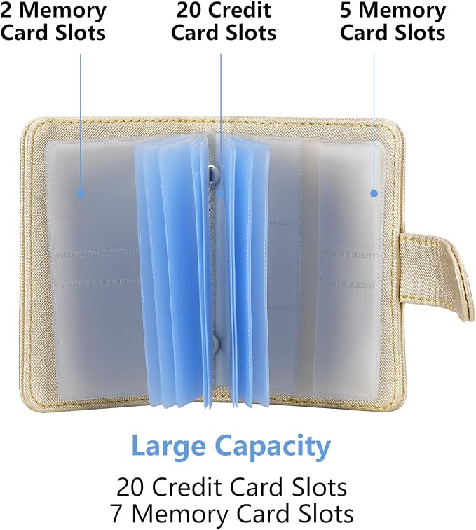 Wisdompro Credit Card Holder, RFID Blocking Wallet Debit Card Protector | Slim Leather Credit Card Organizer Case, Card Case with Magnetic Closure, 20 Card & 7 Memory Card Slots - Vertical Gold