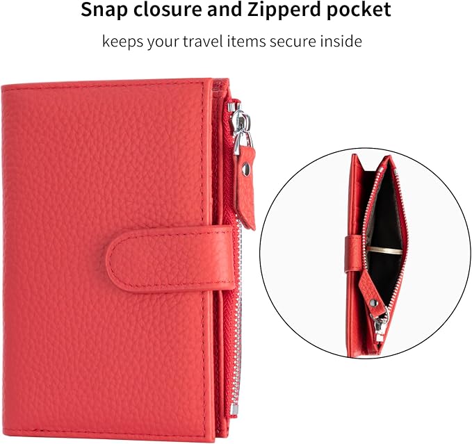 Passport wallet and Card Slot Combo RFID Blocking Leather Travel Passport Wallet for Men and Women with Zippered Coins Pocket Passport holder, Red
