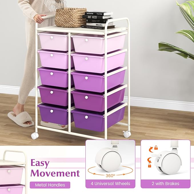 COSTWAY 10 Drawer Rolling Storage Cart, Utility Cart with Lockable Wheels | Mobile Art Supply Craft Organizer with Metal Frame, Multipurpose Drawer Cart for Paper for Office, School, Purple Gradient