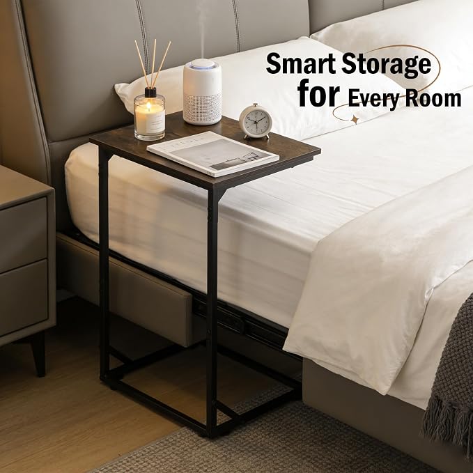 C Shaped End Table for Couch, Small Side Table for Living Room & Bedroom, Slide Under Sofa Table for Laptop, Coffee, Snacks, Easy Assembly, Modern Design