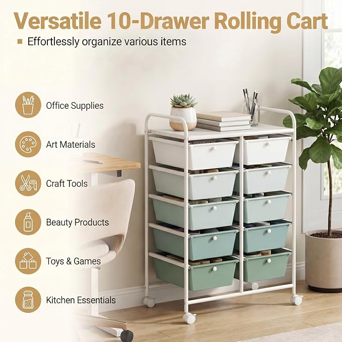 COSTWAY 10 Drawer Rolling Storage Cart, Utility Cart with Lockable Wheels | Mobile Art Supply Craft Organizer with Metal Frame, Multipurpose Drawer Cart for Paper for Office, School, Green Gradient
