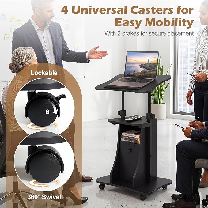 Tangkula Rolling Lectern Podium Stand, Height Adjustable Laptop Table with Tilting Tabletop & Storage Shelves, Compact Standing Desk with Lockable Casters for Home Office School (Black)