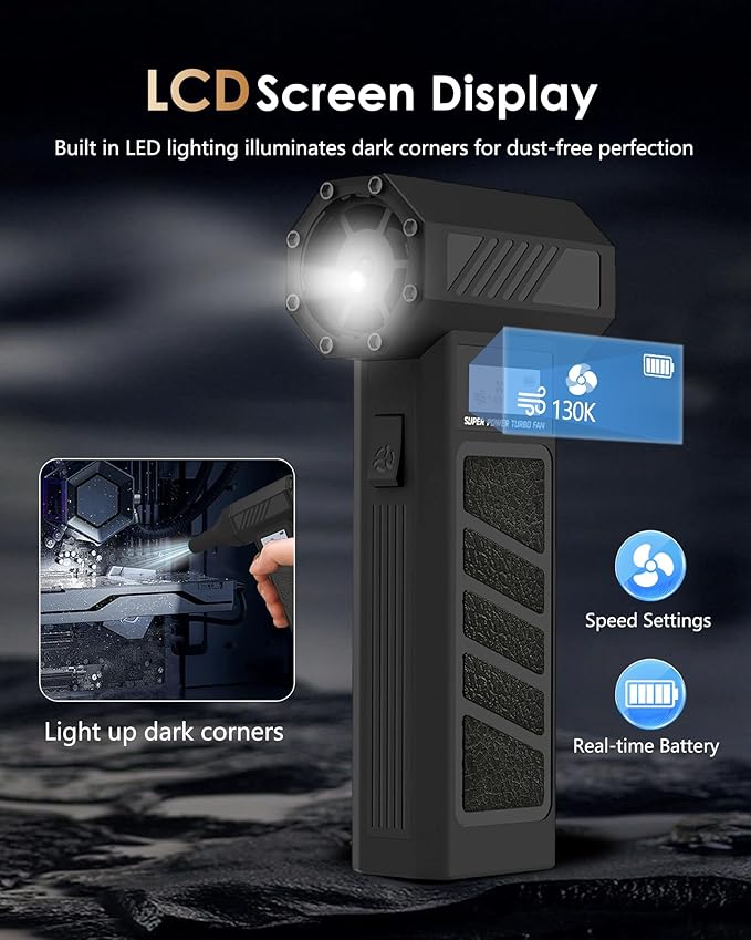 Electric Air Duster - OVVGO Compressed Air Duster Cordless Air Blower Rechargeable, 130000RPM 4-Gear Adjustable Dust Blower with LED Light Portable Duster for Cleaning Computer Keyboard Car Outdoor