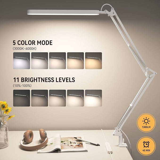 Led Desk Lamp - 31.5" Desk Light - 5 Color Modes X 11 Brightness Levels - Adjustable Swing Arm - Timmer & Memory Function - 12W Study Lamp - White