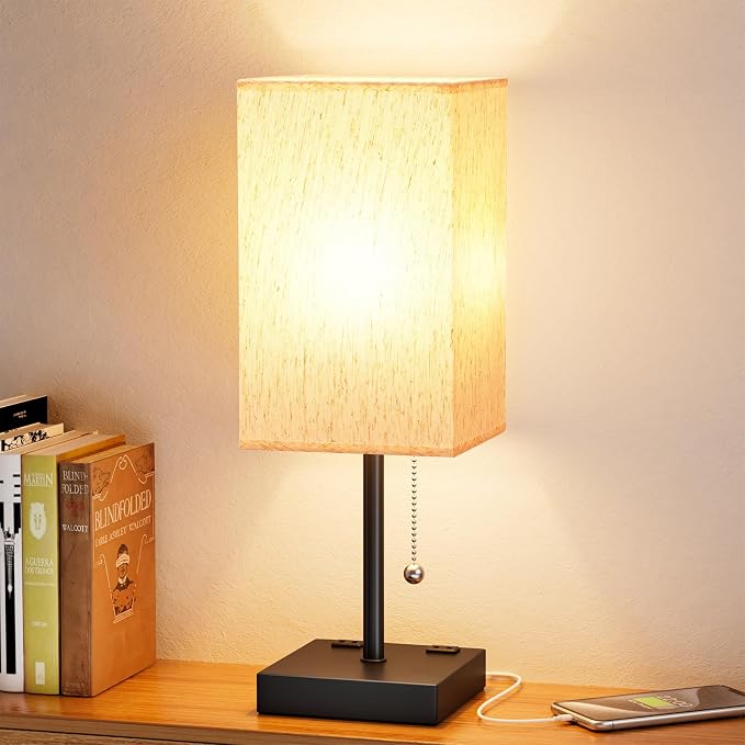 Bedside Lamp for Bedroom - 3 Color Temperatures, USB A+C, 2 AC Outlets | Pull Chain Switch, LED Bulb Included, Cream Fabric Shade, 17.4" Table Lamp for Nightstand, Desk, Living Room, Office