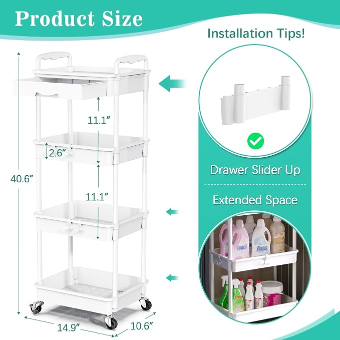 SUNALLY 4 Tier Rolling Cart with Drawer, Craft Storage Cart Organizer,White | Bathroom Storage Organizer with 2 Lockable Wheels, Rolling Utility Cart for Kitchen, Office, Baby, Makeup, Nail,Snack,Laundry